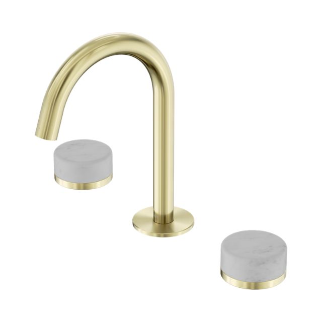 Nero Serenity brushed gold basin set with arc spout and two Carrara marble handles on white background