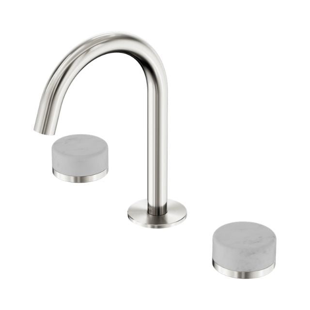 Nero Serenity basin set in brushed nickel with arc spout and two Carrara marble handles, shown on white background