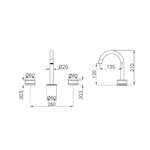 Technical drawing of Nero Serenity basin set, showing arc spout and 3 piece brushed nickel tap dimensions.