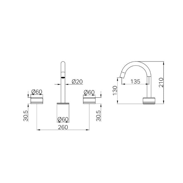 Technical drawing of Nero Serenity basin set, showing arc spout and 3 piece brushed nickel tap dimensions.