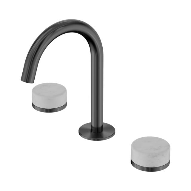 Nero Serenity 3-piece basin set in gun metal with arc spout and white Carrara-style handles, front view on white background