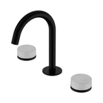 Nero Serenity basin set with arc spout, matte black finish and Carrara marble handles, shown on white background