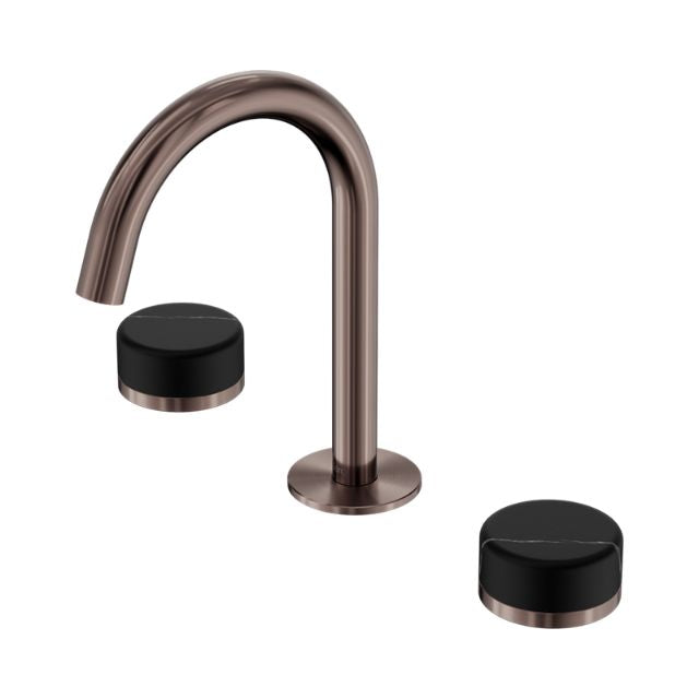 Nero Serenity basin set with arc spout, brushed bronze finish and black marble handles on white background