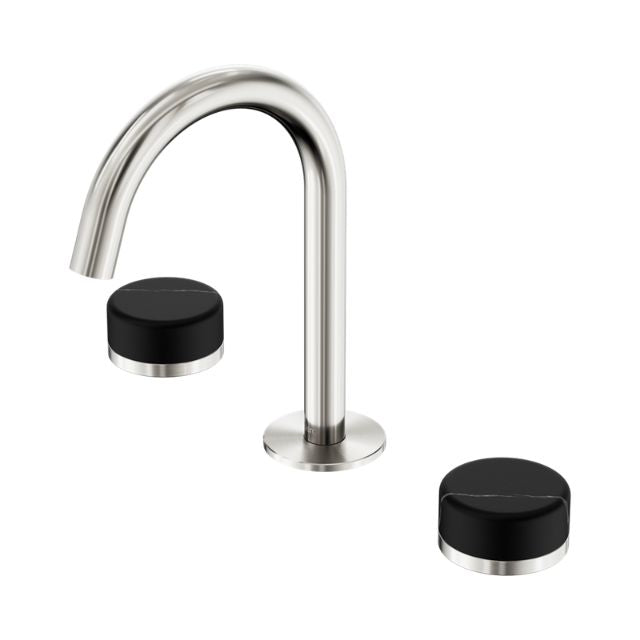Nero Serenity basin set with brushed nickel arc spout and black marble handles, shown on white background