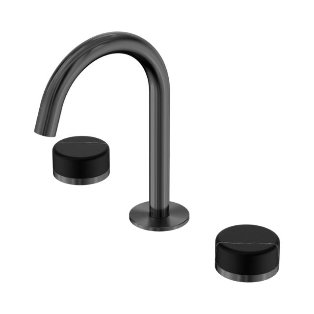 Nero Serenity basin set with arc spout and black marble handles in gun metal finish, 3 piece basin tapware set