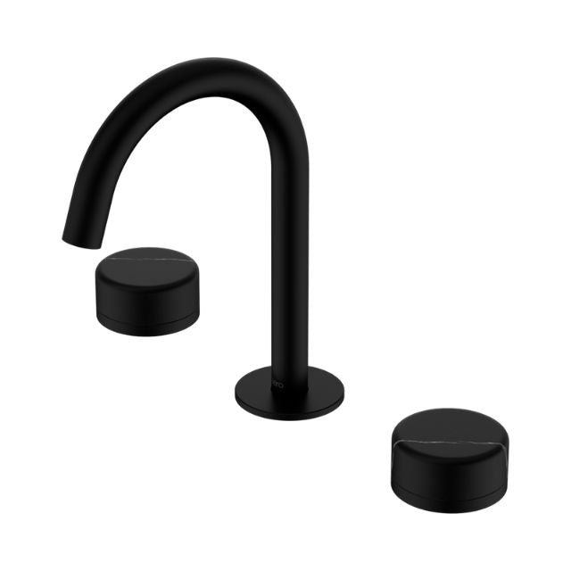 Nero Serenity basin set in matte black with arc spout and two round black handles, shown on white background