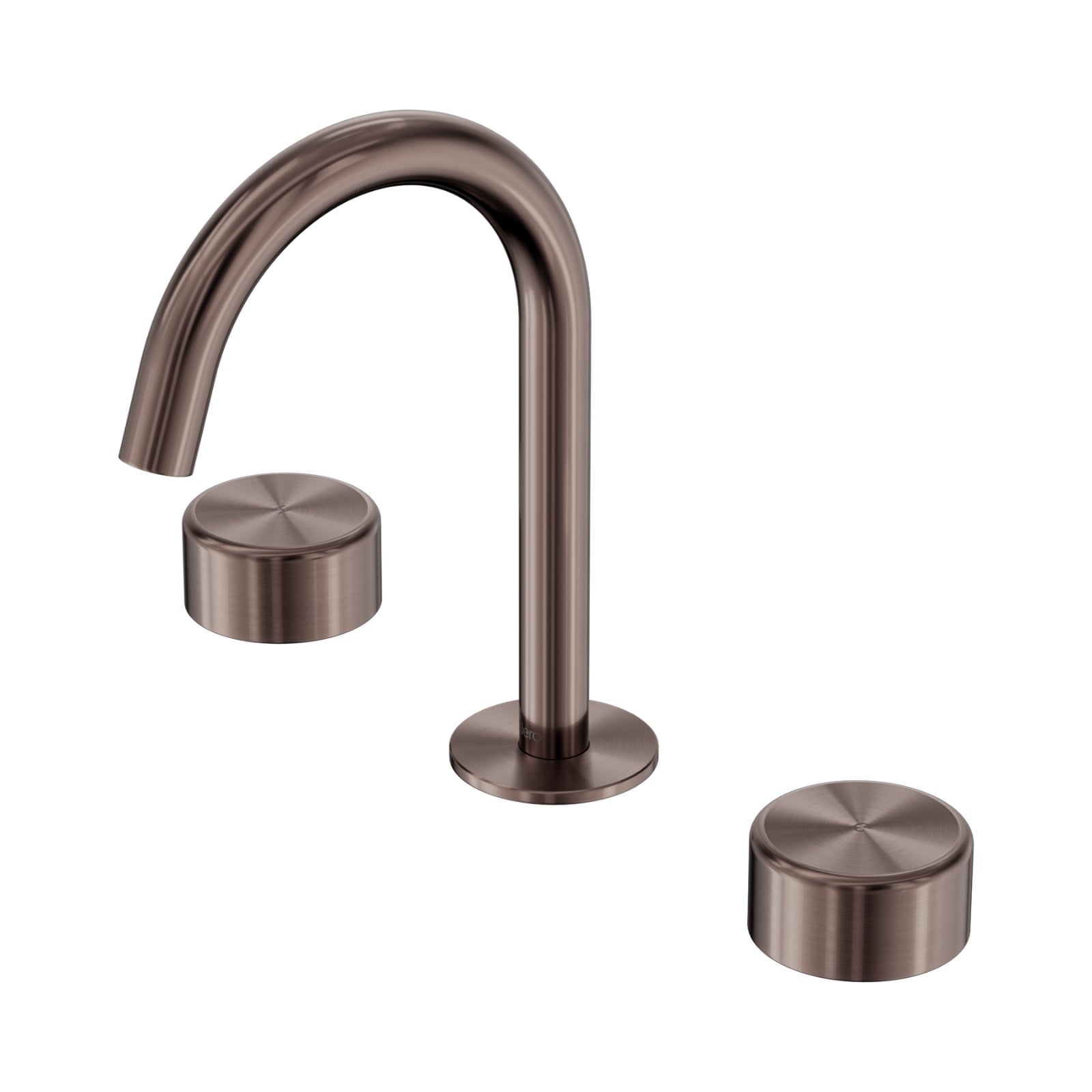 Nero Serenity 3 piece basin set with arc spout and metal handles in brushed bronze on white background