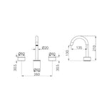 Technical drawing of Nero Serenity 3 piece basin set, brushed bronze, with arc spout and 260mm spread dimensions