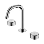 Nero Serenity chrome 3 piece basin set with arc spout and two metal handles on round baseplates, white background