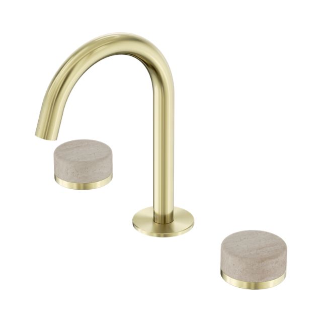Nero Serenity basin set with arc spout and travertine handles in brushed gold, isolated on white