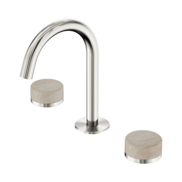 Nero Serenity basin set with arc spout and round travertine handles, brushed nickel finish, on white background