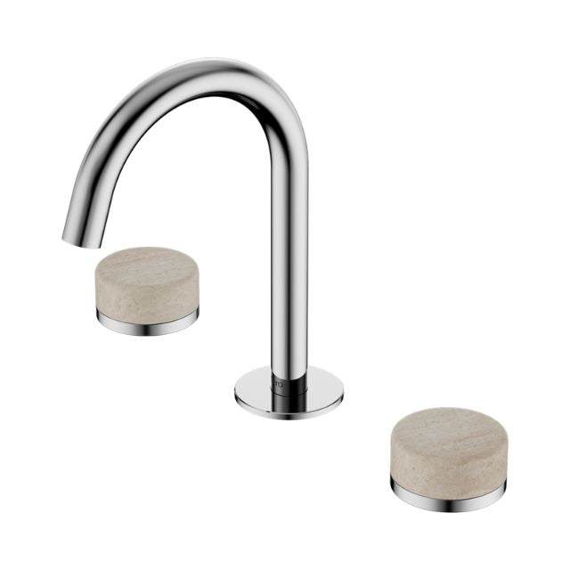 Nero Serenity chrome basin set with arc spout and travertine handles, shown on white background, 3-piece bathroom tapware set
