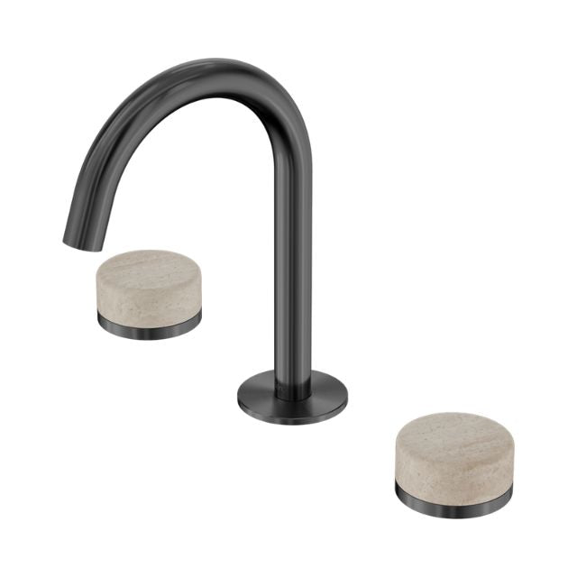 Nero Serenity basin set with arc spout in gun metal and travertine stone handles, shown on white background