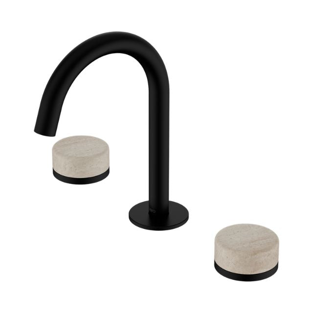 Nero Serenity basin set with arc spout and travertine handles, matte black finish, shown on white background