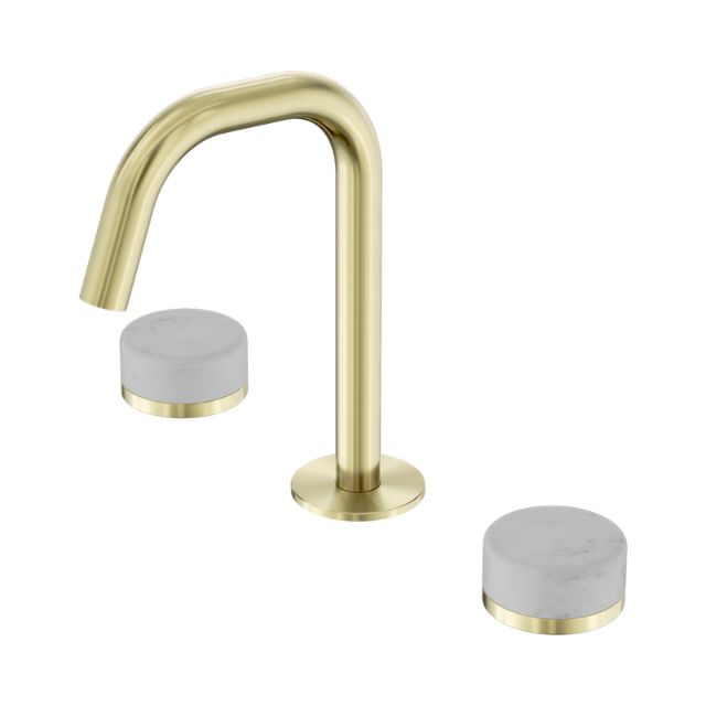 Nero Serenity basin set with brushed gold edge spout and Carrara marble handles, three-piece tap set on white background