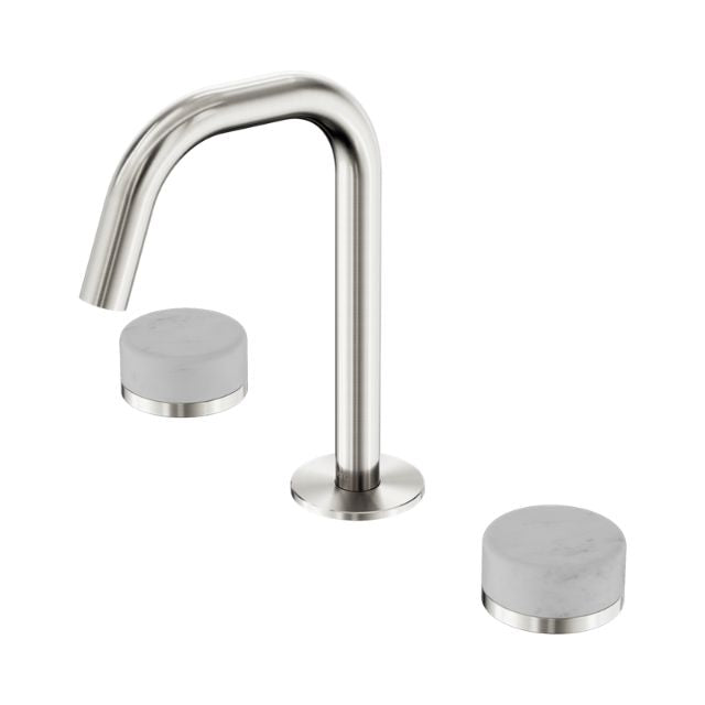 Nero Serenity basin set in brushed nickel with edge spout and Carrara marble handles, shown on white background