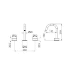 Nero Serenity basin set technical drawing in brushed nickel, showing edge spout and two handles with measurements marked