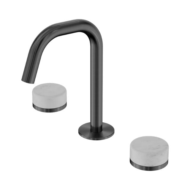 Nero Serenity basin set with gun metal edge spout and two Carrara marble handles on white background