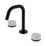 Nero Serenity matte black basin set with Carrara marble handles and curved edge spout, three-piece tapware set