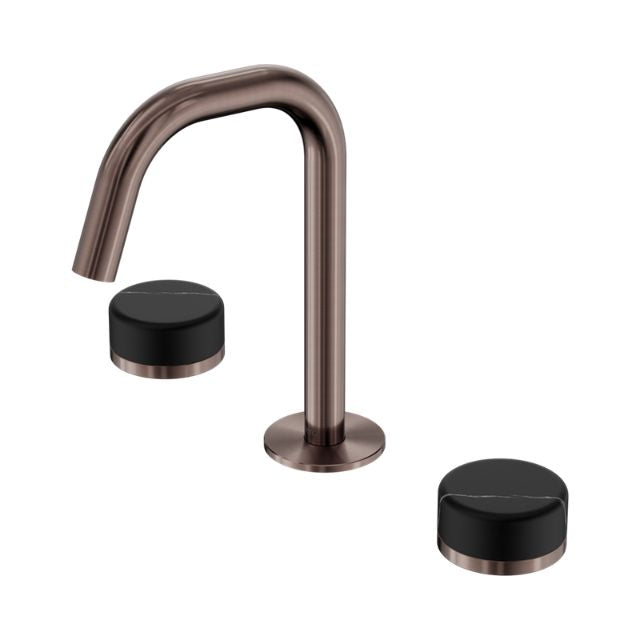 Nero Serenity 3 piece basin set in brushed bronze with Marquina black handles and edge spout on white background