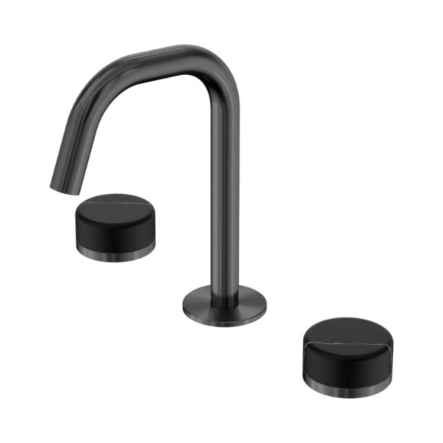 Nero Serenity 3 piece basin set in gun metal with black round handles and curved edge spout, front view on white background