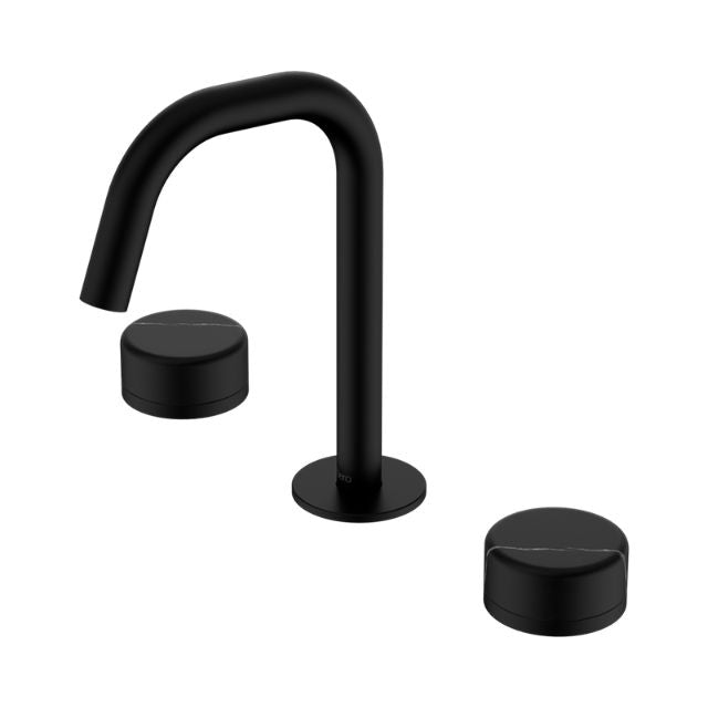 Nero Serenity matte black 3 piece basin set with curved edge spout and two round Marquina black handles