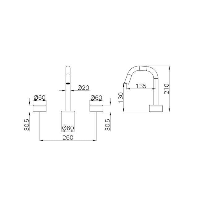 Technical drawing of Nero Serenity 3-piece basin set in brushed bronze, showing dimensions for edge spout and metal handles
