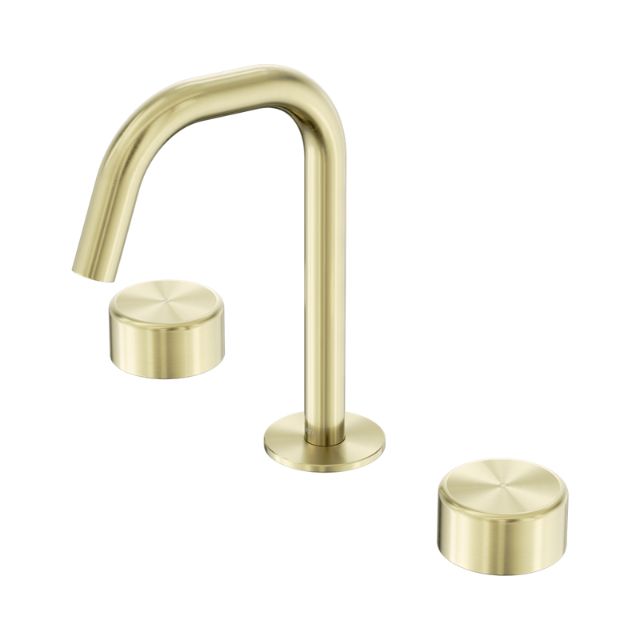 Nero Serenity brushed gold 3 piece basin tap set with edge spout and two round metal handles, on white background