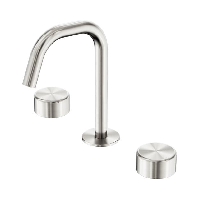 Nero Serenity basin set in brushed nickel, with curved spout and two round metal handles on white background