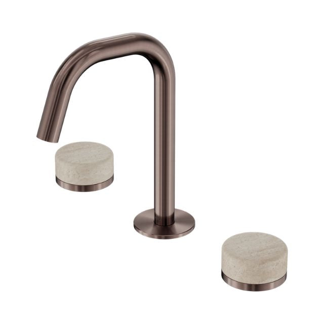 Nero Serenity basin set in brushed bronze with travertine handles, featuring an edge spout and two round handles on white background