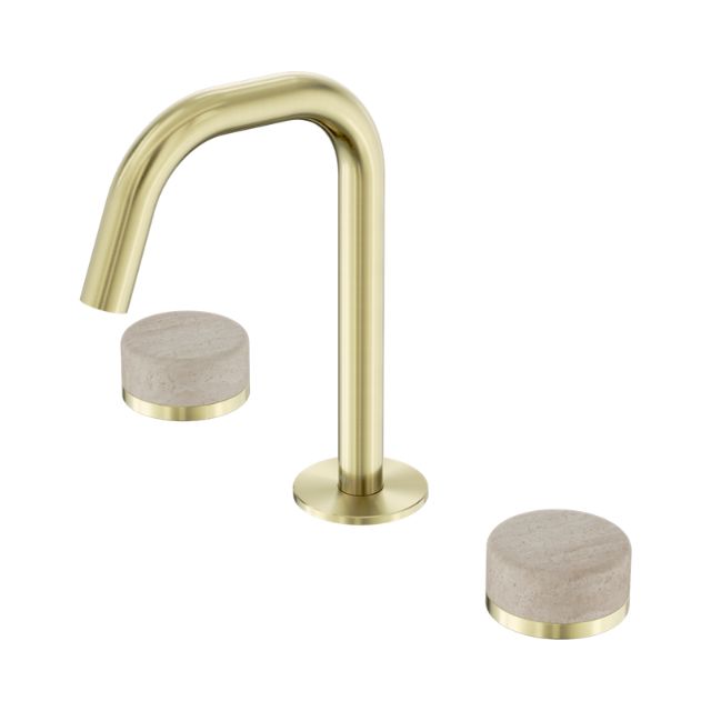 Nero Serenity three-piece basin set in brushed gold with Rome Travertine handles, shown on white background