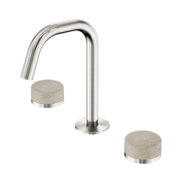 Nero Serenity basin set with brushed nickel edge spout and travertine handles, shown on white background