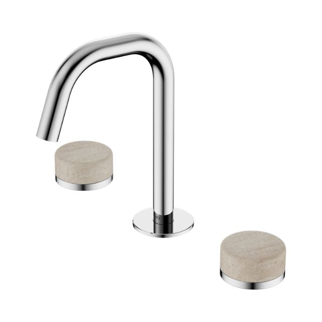 Nero Serenity chrome basin set with edge spout and travertine handles, shown on white background