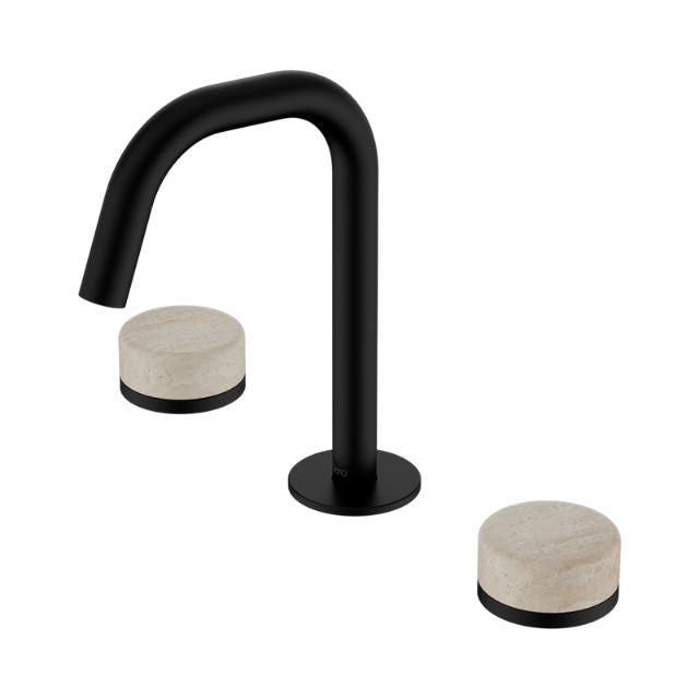 Nero Serenity basin set with matte black edge spout and two travertine handles, three-piece bathroom tap on white background