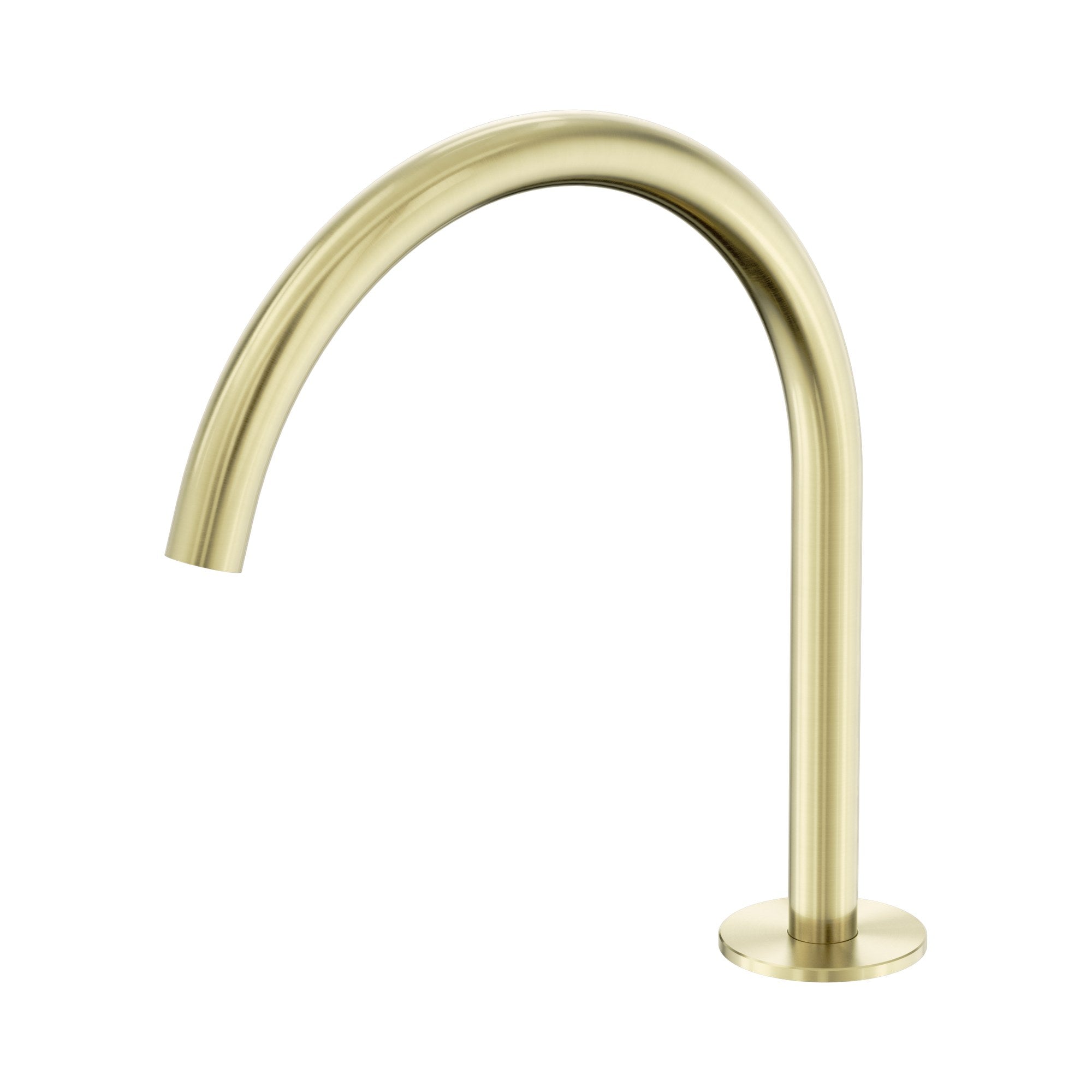 Nero Serenity brushed gold arc spout, hob mounted tap spout only with round base on white background