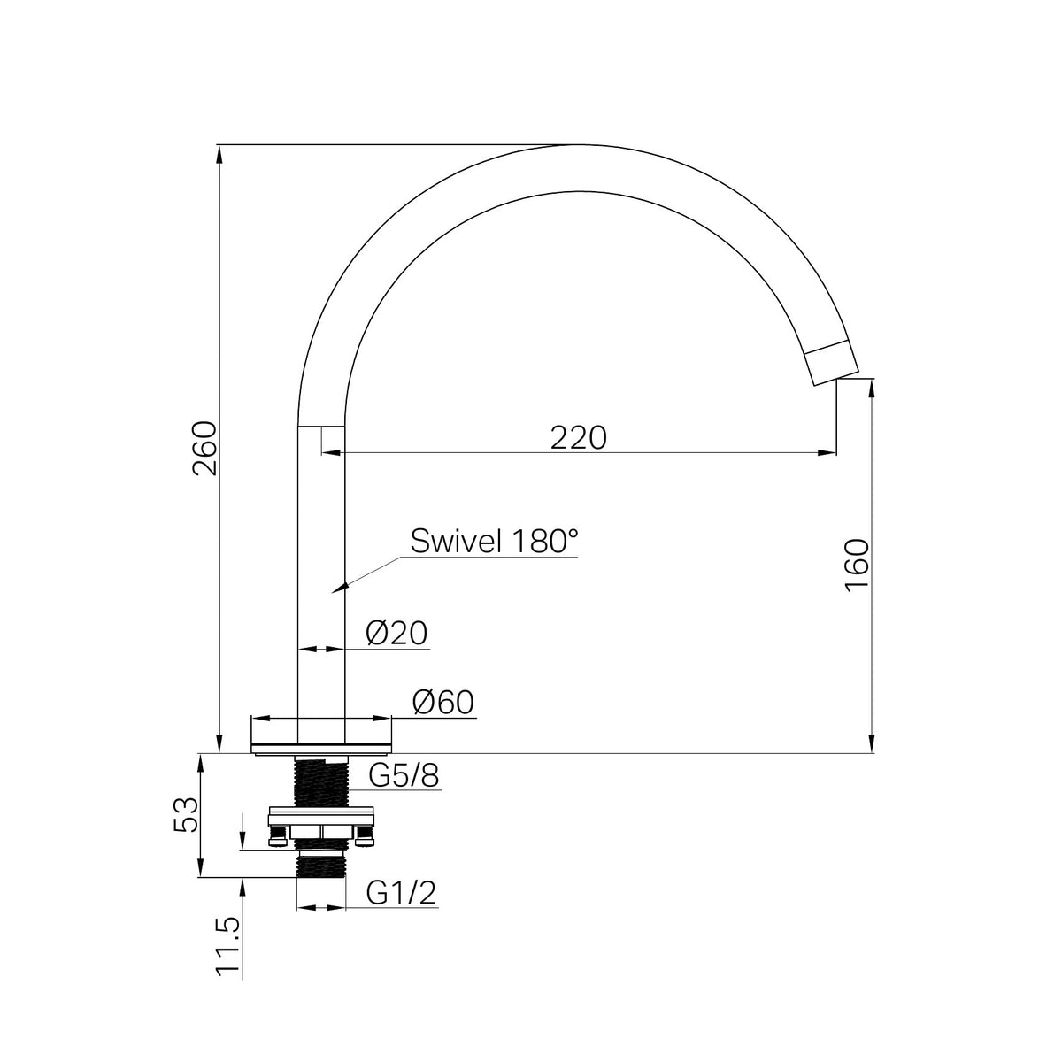 Technical drawing of Nero Serenity brushed nickel arc spout with 180° swivel, showing dimensions and G1/2 connection