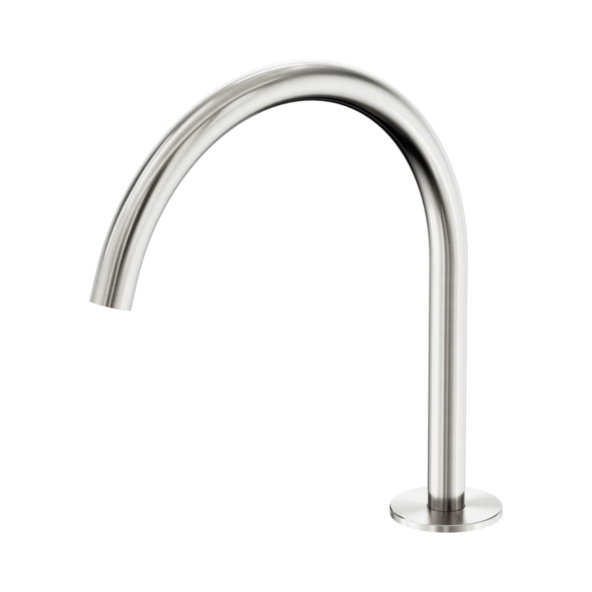 Nero Serenity arc spout in brushed nickel, hob mounted tap spout with curved swivel design and round base