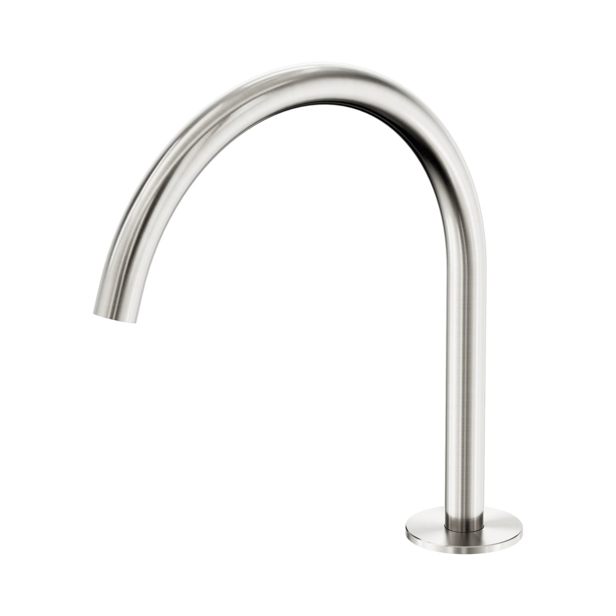 Nero Serenity arc spout in brushed nickel, hob mounted tap spout with curved swivel design and round base