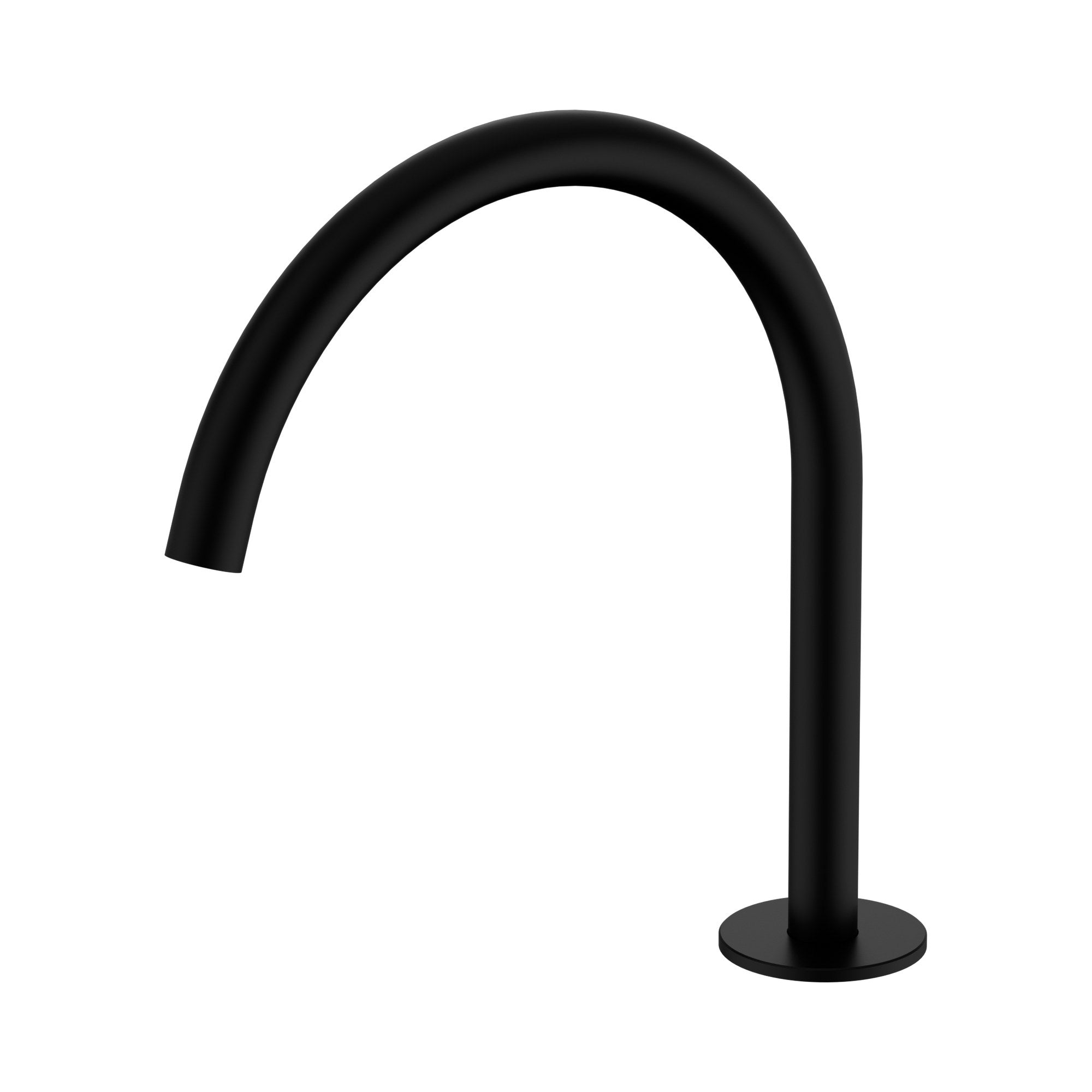 Nero Serenity arc spout in matte black, hob mounted with curved gooseneck profile, side view on white background