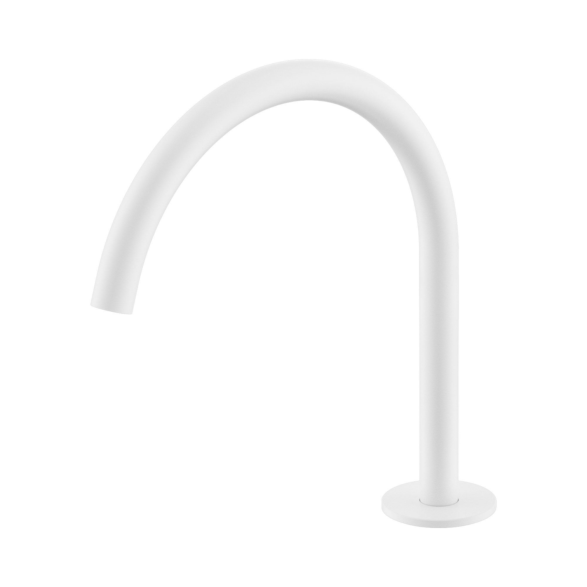 Nero Serenity arc spout in matte white, hob mounted, shown on a white background