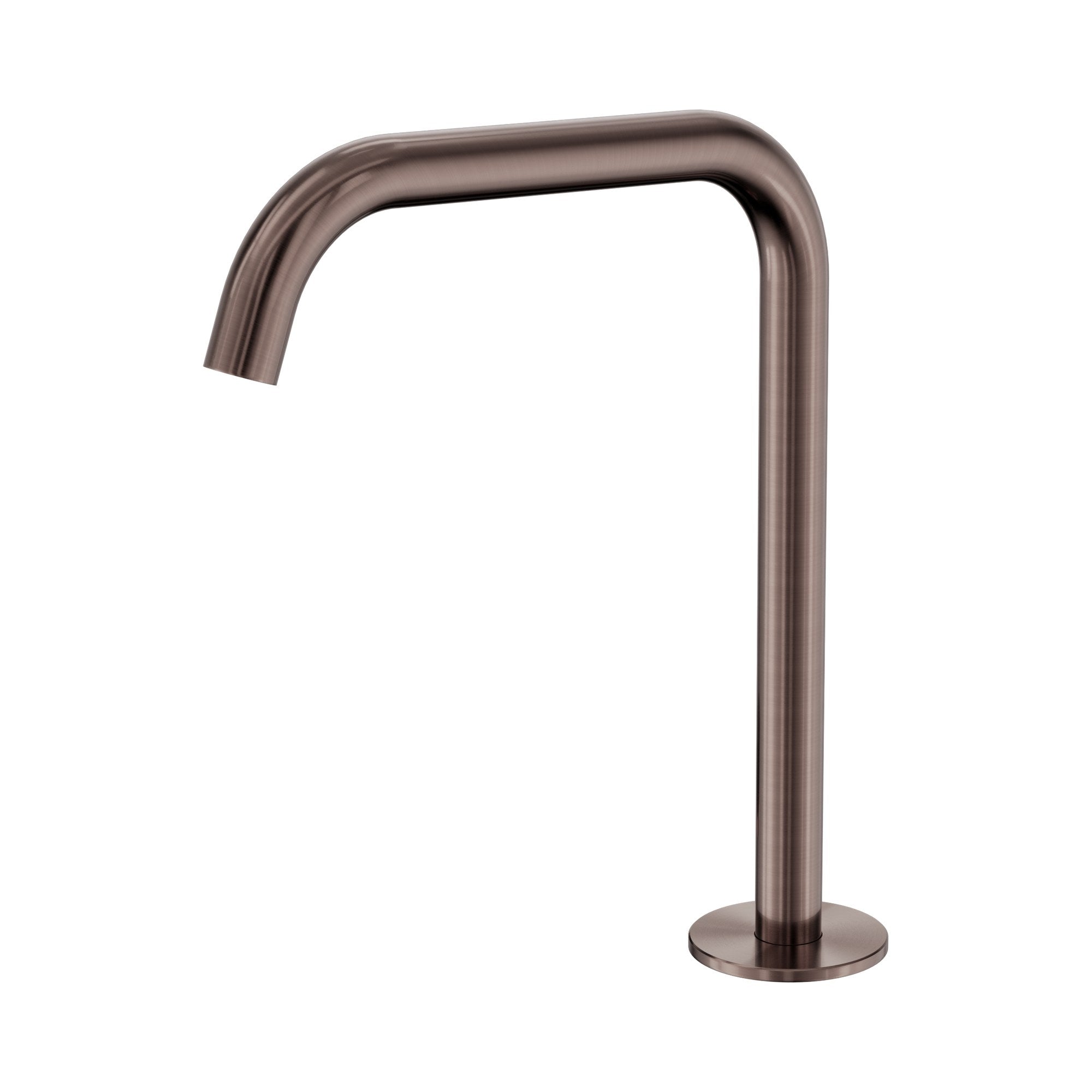 Nero Serenity hob-mounted spout in brushed bronze, shown on white background with round base and curved outlet
