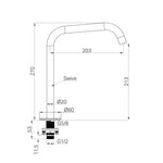 Nero Serenity brushed gold hob-mounted bath/kitchen spout technical drawing, showing swivel arc and dimensions
