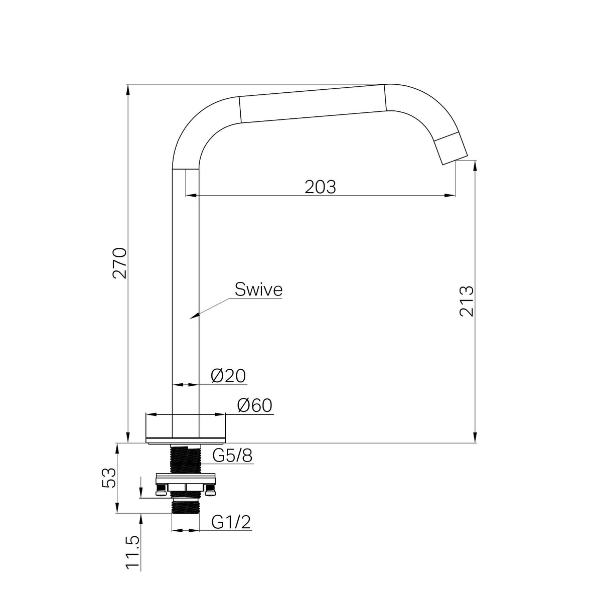 Nero Serenity brushed gold hob-mounted bath/kitchen spout technical drawing, showing swivel arc and dimensions
