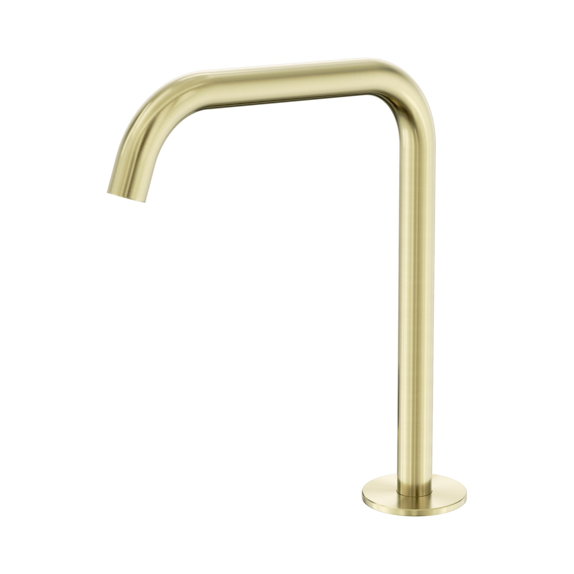 Nero Serenity brushed gold hob-mounted bath/kitchen spout with long curved outlet on round base, isolated on white