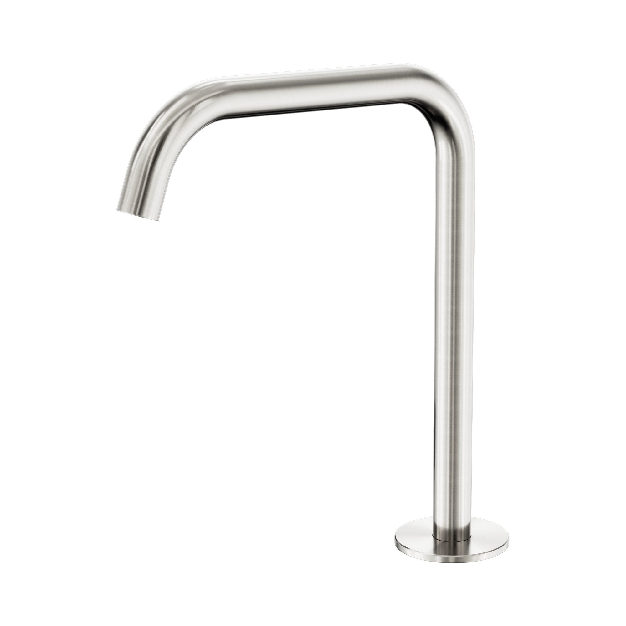 Nero Serenity brushed nickel bath/kitchen spout, hob mounted, with round base and curved swivel outlet