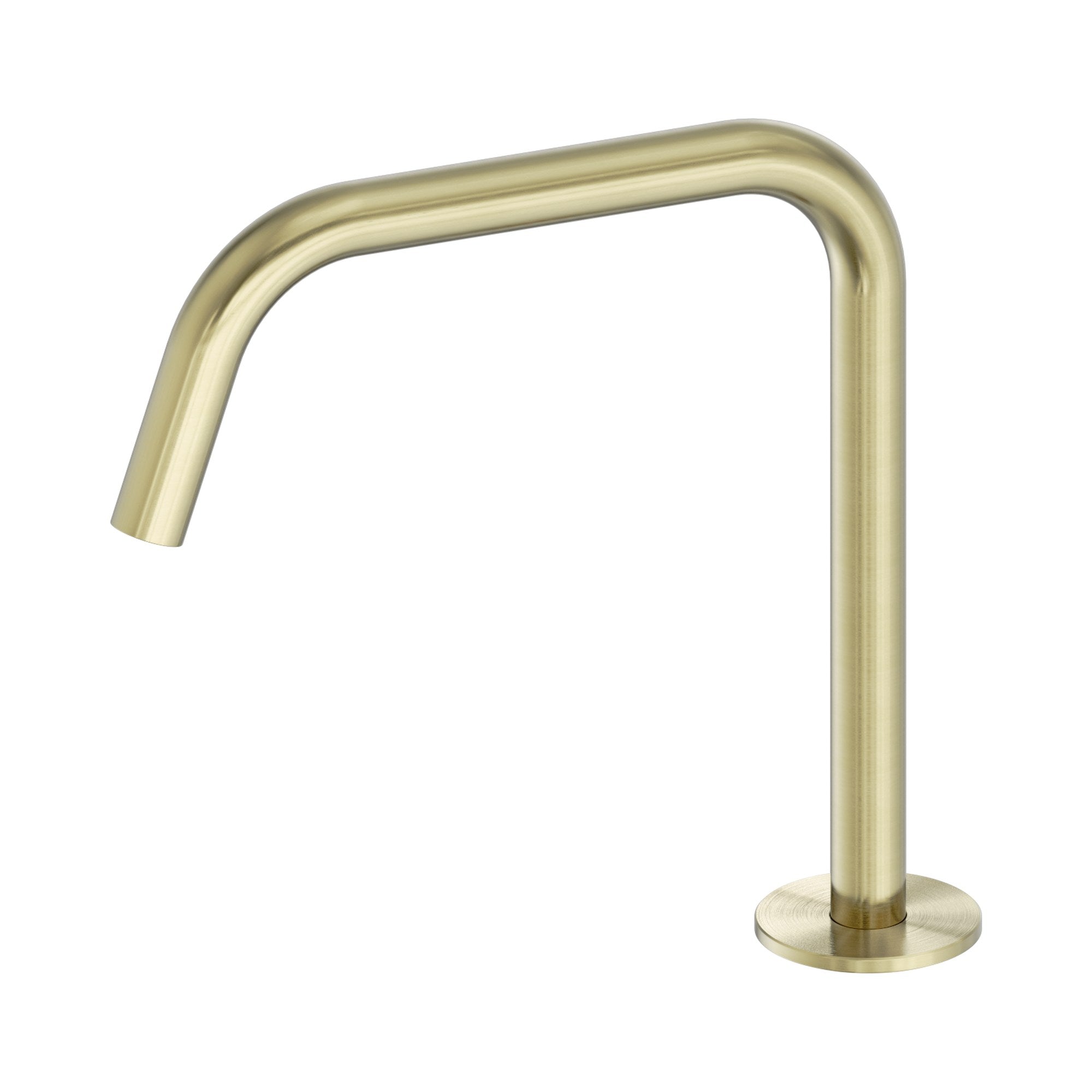Nero Serenity edge spout in brushed gold, hob mounted brass tap with curved outlet and round base