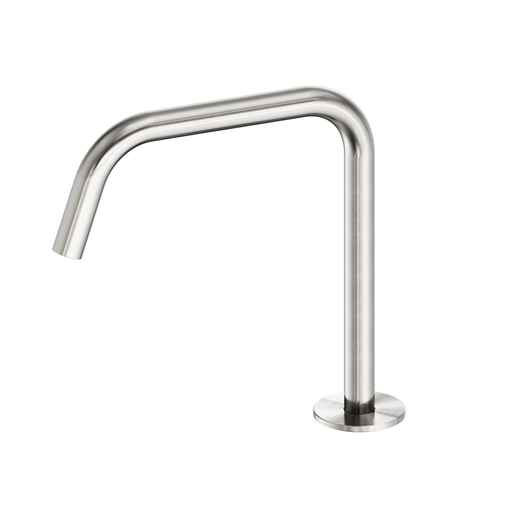 Nero Serenity Edge Spout II in brushed nickel, hob-mounted tap spout with curved outlet and round base, side view