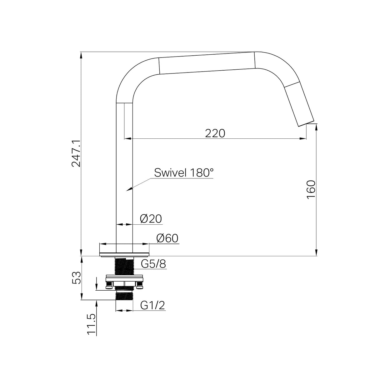 Technical drawing of Nero Serenity Edge Spout II tap in matte black, showing 180° swivel and dimensions, with G1/2 connection