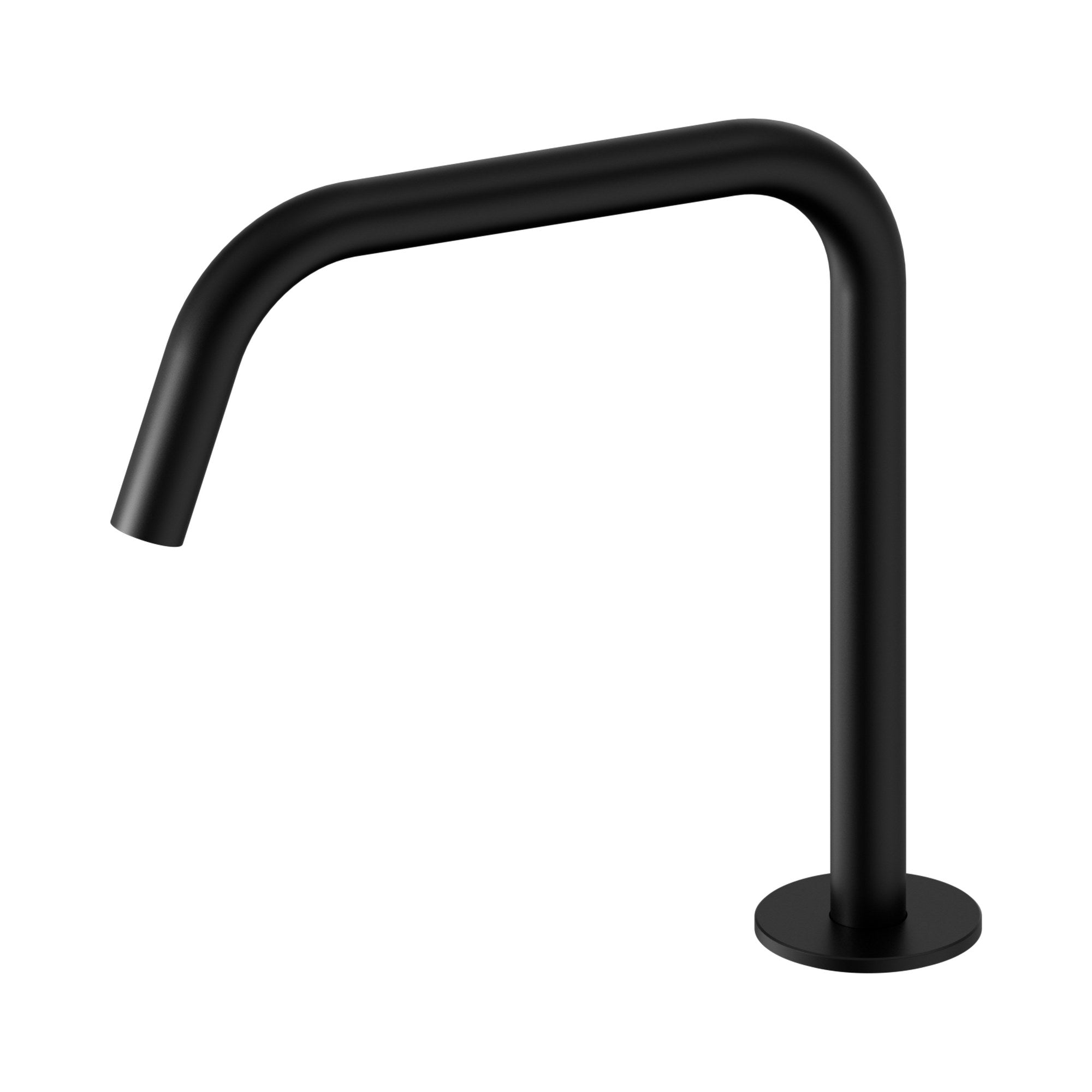 Nero Serenity edge spout in matte black, hob-mounted, with long curved swivel outlet on round base