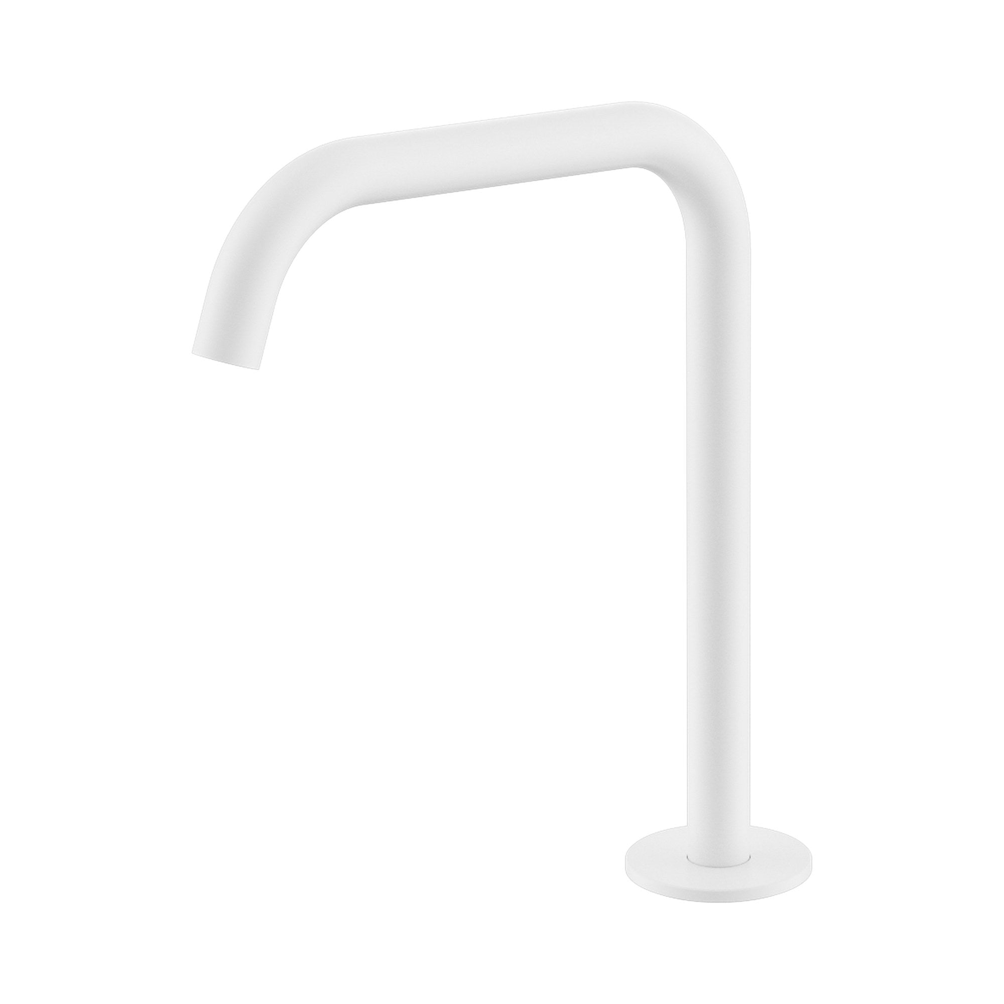 Nero Serenity matte white hob-mounted bath/kitchen spout with curved swivel outlet, shown on a white background